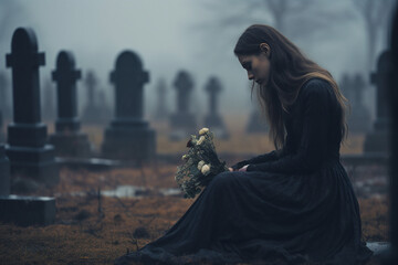 Picture of a unhappy lonely young person standing at the grave on cemetery generative ai image