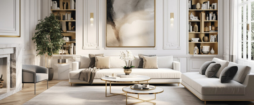 A Nordic living room with a touch of luxury, featuring velvet upholstery, gold accents, and a marble coffee table in a contemporary setting.