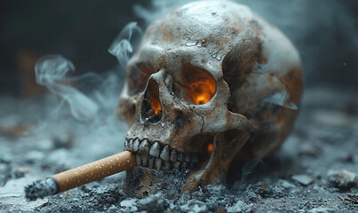 Shades of Death: Lit Cigarette with Smoke Drawing a Skull in a Productive 3D Design.
Skull with cigarette on ashes. Smoking kills concept. Selective focus.
