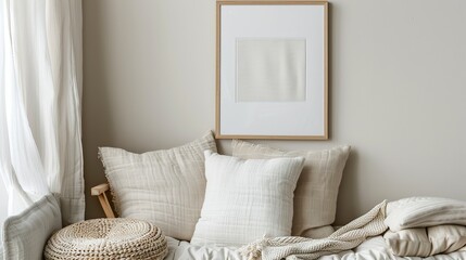 An empty picture frame hangs delicately on the wall in a serene nursery. White frame in a soft and welcoming environment by soft tones and lovely furniture.
