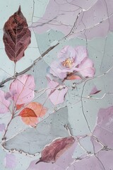 traditional Japanese art, pastel leaves and flowers with silver and gold kintsugi patterns on a branch