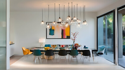 An elegant and modern interior room with a sleek glass table and minimalist chairs, accented by bold pops of color and unique lighting fixtures.