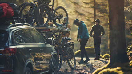 A group of friends loading bicycles onto a car rack preparing for a weekend mountain biking trip embodying the spirit of adventure and camaraderie. - obrazy, fototapety, plakaty