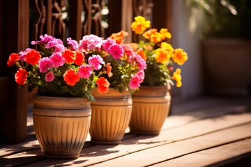 Fototapeta na wymiar Gardening tools and flowerpots set for gardener in sunny flower garden environment