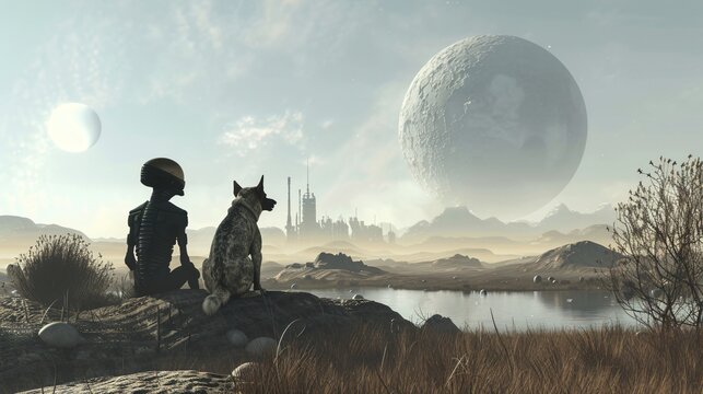 Alien and dog sitting together exchanging stories without words in a peaceful alien landscape