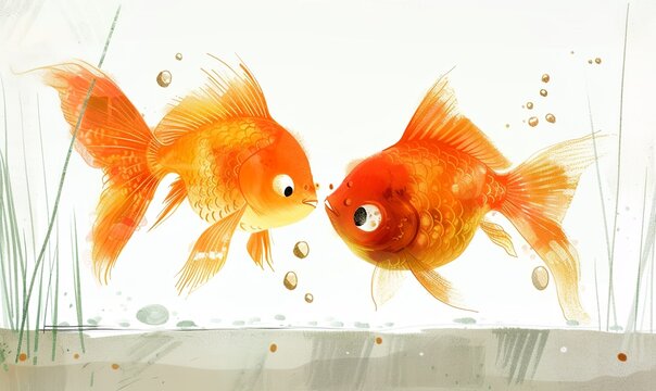 Naklejki naive art style depiction of a cute loving goldfish couple in an aquarium