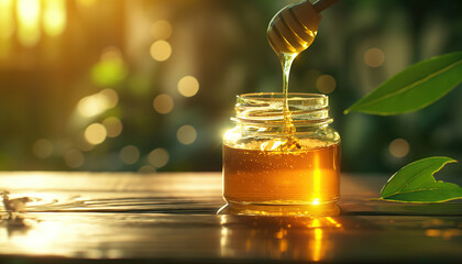 honey dip being poured into a glass bowl with a honey dipper. jar of honey close-up - obrazy, fototapety, plakaty