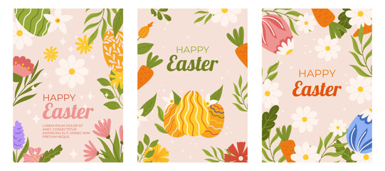 Easter collection of vertical greeting cards template. Design with floral frames, painted eggs, daisy and carrot. Hand drawn flat vector illustration. - obrazy, fototapety, plakaty