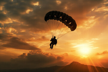 Excited positive happy parachutist in free fall over blue sky. ai generative picture collage