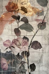 pastel leaves and flowers with silver and gold kintsugi patterns on a branch