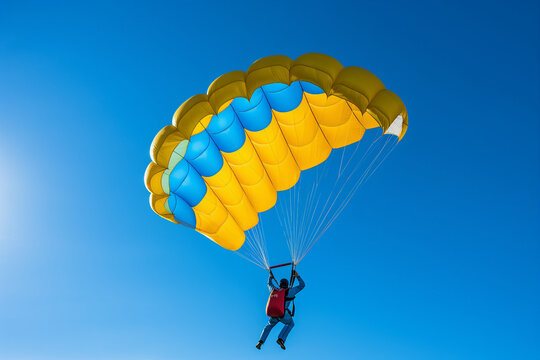 Excited positive happy parachutist in free fall over blue sky. ai generative picture collage