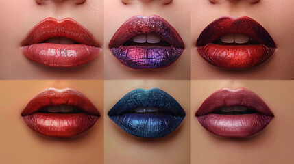 Set or collage female lips with different color of lipsticks on the female lips. shades of lipstick makeup variations