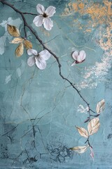 pastel leaves and flowers with silver and gold kintsugi patterns on a branch