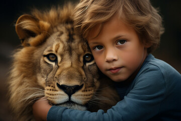 Friendship between people and wild animal kid hugging lion made with generative AI