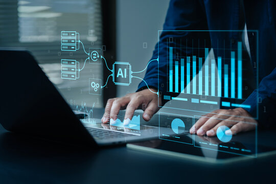  AI, data analysis. Business people use AI to analyze financial related data. big data Complex performance measurement With modern innovative technology
