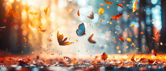 The essence of autumn captured in the falling leaves, where vibrant colors and crisp textures herald the change of seasons - obrazy, fototapety, plakaty