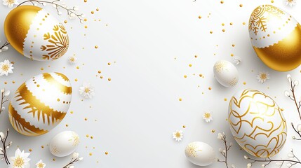 Easter greeting card with white and golden outline eggs, flowers on white background with copy space