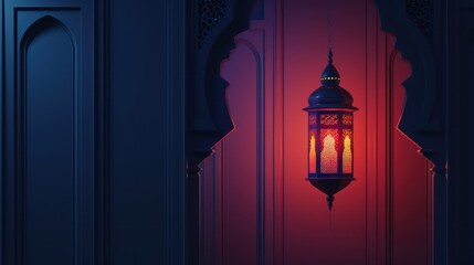 Fototapeta na wymiar minimalist Islamic template design, clean Ramadan Kareem background, with a hanging lantern, and copy space