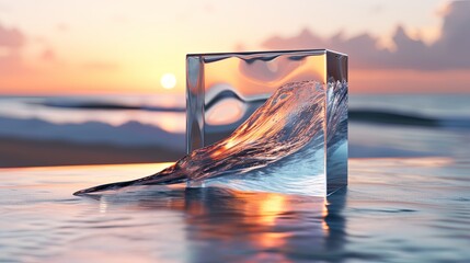 water in a glass cube at ocean sunset , concept of Glassmorphism - obrazy, fototapety, plakaty