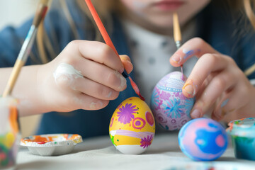 Close up of a child decorating an easter egg with colorful paint