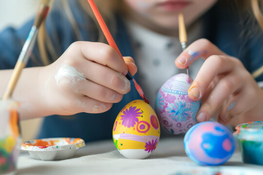 Close up of a child decorating an easter egg with colorful paint