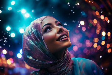 Digital generative ai collage image of charming muslim girl look on festive illuminated party - Powered by Adobe