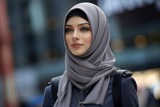 Generative ai collage image of woman muslim in hijab looking on modern megapolis