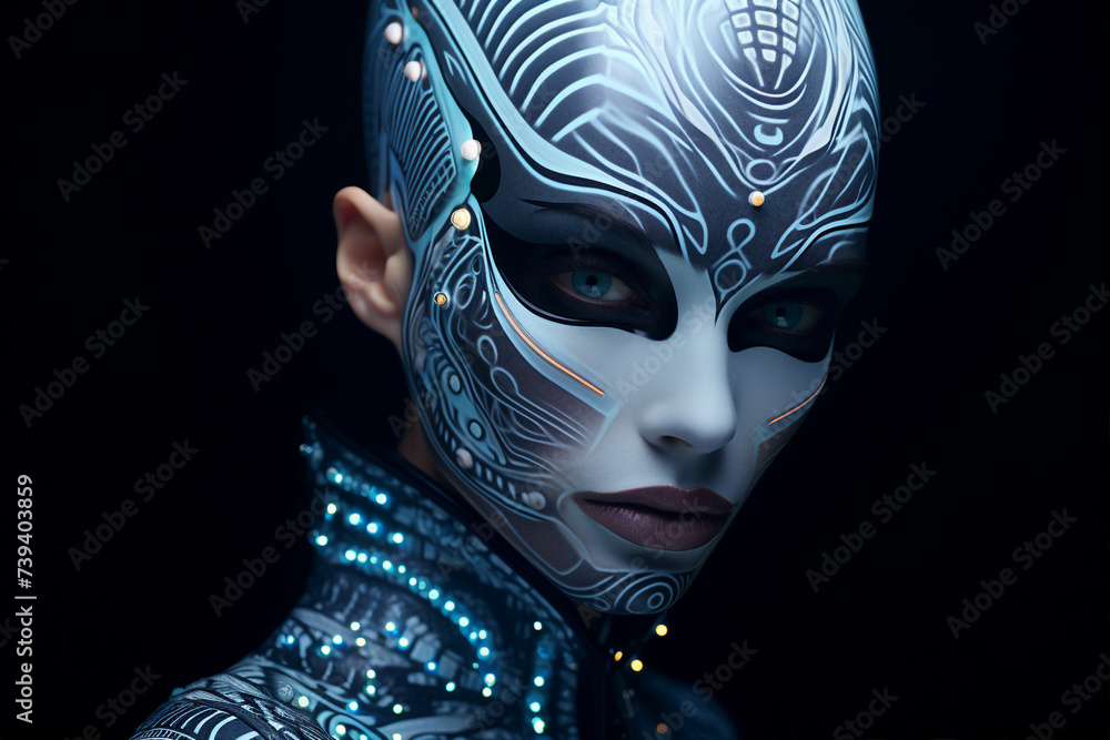 Poster fantasy character design cyborg face made with modern technology generative ai concept
