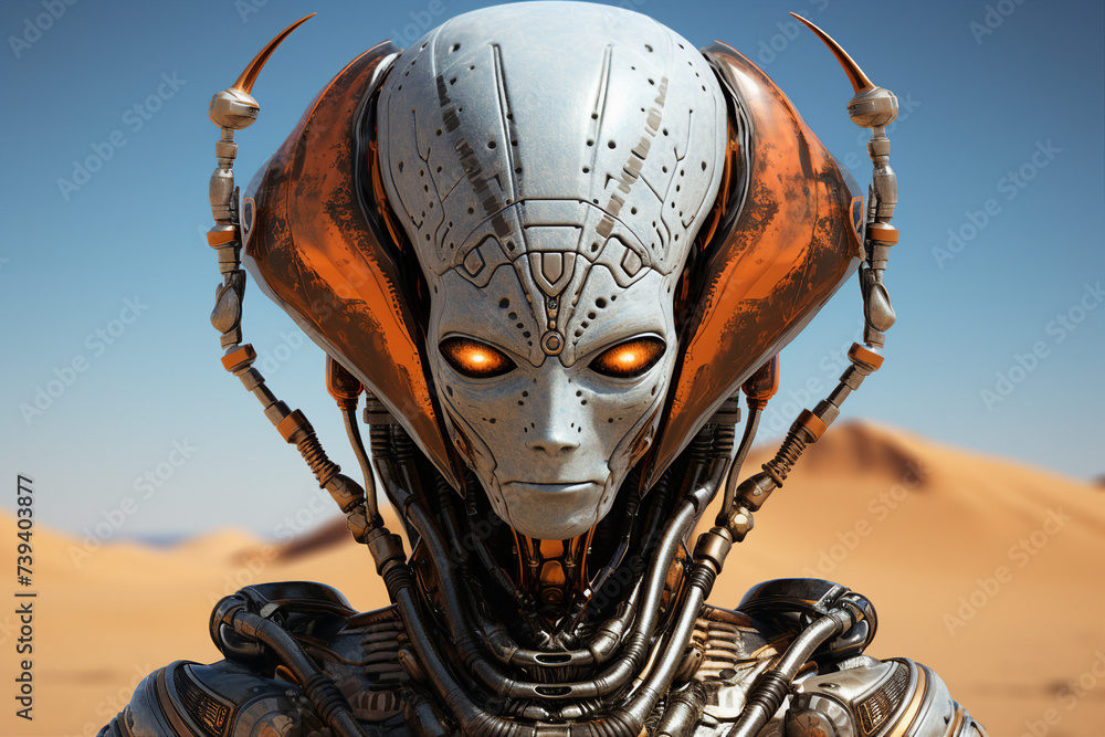 Poster alien commander standing in front of a futuristic spaceship created with generative ai
