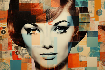 Modernist collage of a 1950s woman's face in black and white with abstract shapes and cropped photos generative ai