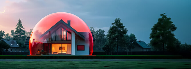 habitation protégée par un système d'alarme sous la forme d'un dôme rouge autour de la maison - obrazy, fototapety, plakaty