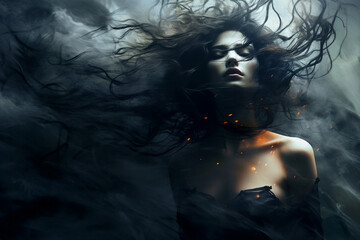 Generative ai photography of a mysterious fantasy beautiful woman in smoke on grey background