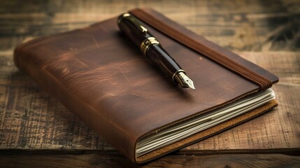 A captivating shot of a leather-bound notebook and vintage pen, symbolizing a thoughtful Father's Day gift for a dad who loves to jot down memories, in vivid