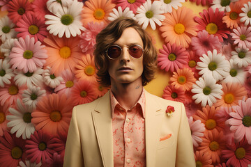 Photography of a handsome gentleman dressed stylish retro clothes blooming flowers background generative ai technology