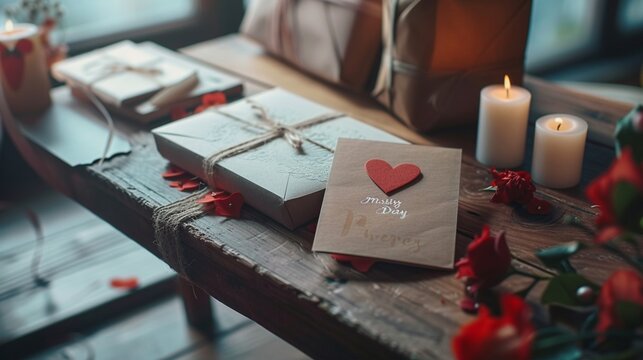 A collection of heartfelt Father's Day and Mother's Day cards creatively arranged on a wooden table, showcasing the handmade crafts and thoughtful messages in realistic