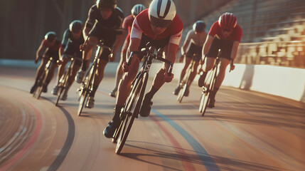A professional cycling team training on a velodrome their synchronized movements and speed demonstrating the precision and teamwork required in track cycling.