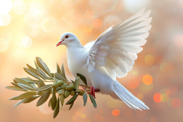 Obraz premium White dove carrying a branch of olive leaves, beautiful simple bright light and lens flare blurred background.