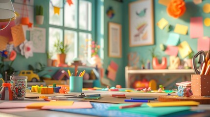 A cozy and well-lit crafting space with a mix of colorful paper, glue, and scissors, inviting the creation of unique Father's Day and Mother's Day cards, presented in stunning - Powered by Adobe