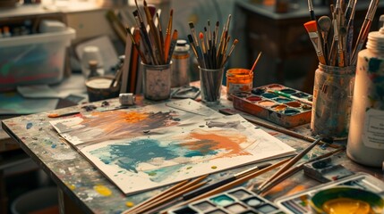 A creative workspace with a variety of paints, brushes, and stencils for designing artistic Father's Day and Mother's Day cards, emphasizing the hands-on process in realistic