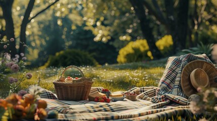 A delightful scene of a family picnic in a picturesque park, complete with a cozy blanket and a basket of treats, capturing the essence of a joyful Mother's Day celebration in realistic