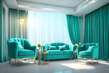 luxury sofas, the sunrays reflect through window, with teal color curtain