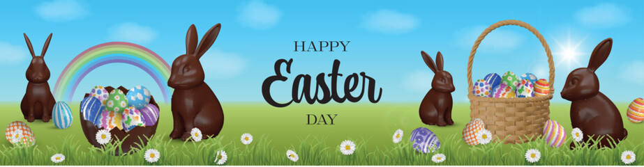 easter banner with chocolate rabbits and colorful eggs in a basket