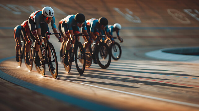 A professional cycling team training on a velodrome their synchronized movements and speed demonstrating the precision and teamwork required in track cycling.