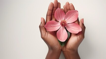 A heartwarming Mother's Day card displaying a pair of delicate hands holding a blooming flower, designed with simplicity and grace on a pure white background, in stunning