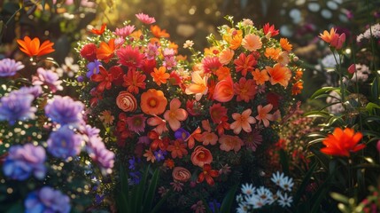 A heartwarming scene of a blooming garden with vibrant flowers arranged in the shape of a heart, celebrating Mother's Day in realistic