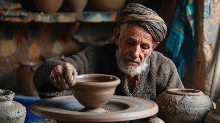 An elderly potter with years of experience shapes a new creation on his spinning pottery wheel, surrounded by the tools of his timeless craft.
Elderly Craftsman Concentrating on Pottery Wheel
