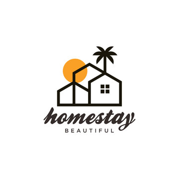 Hotel Homestay Logo with Shape of House and Tree. Homestay natural logo simple icon vector.
