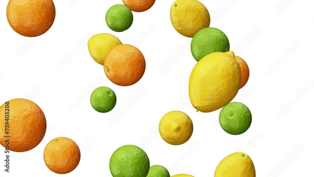 Aufkleber realistic looping 3d animation of the fresh ripe tangerines, lemons and limes falling from the top r