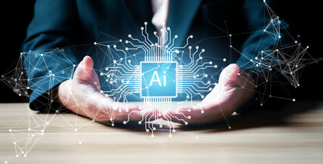 Ai technology, Artificial Intelligence. man using technology smart robot AI, artificial intelligence by enter command prompt for generates something, Futuristic technology transformation. Chat with Ai