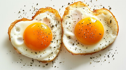 Two fried eggs in a heart shape pattern on a white background.
